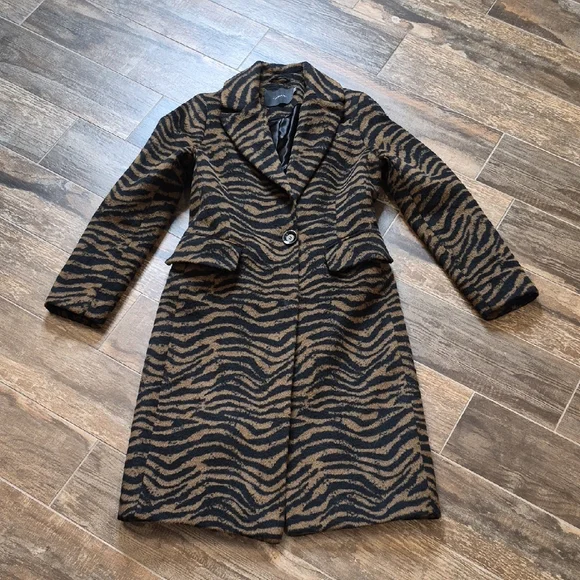 Tahari Black & Brown Wool Blend Lined 1 Button Zebra Print Midi Coat Pockets XS - Picture 1 of 9
